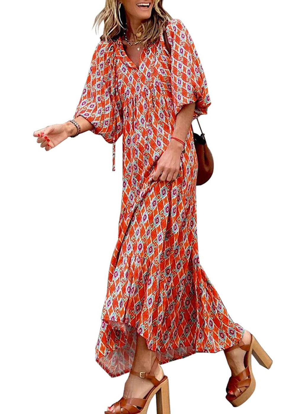 Puff Sleeve Tiered Geometric Print Boho Maxi Dress