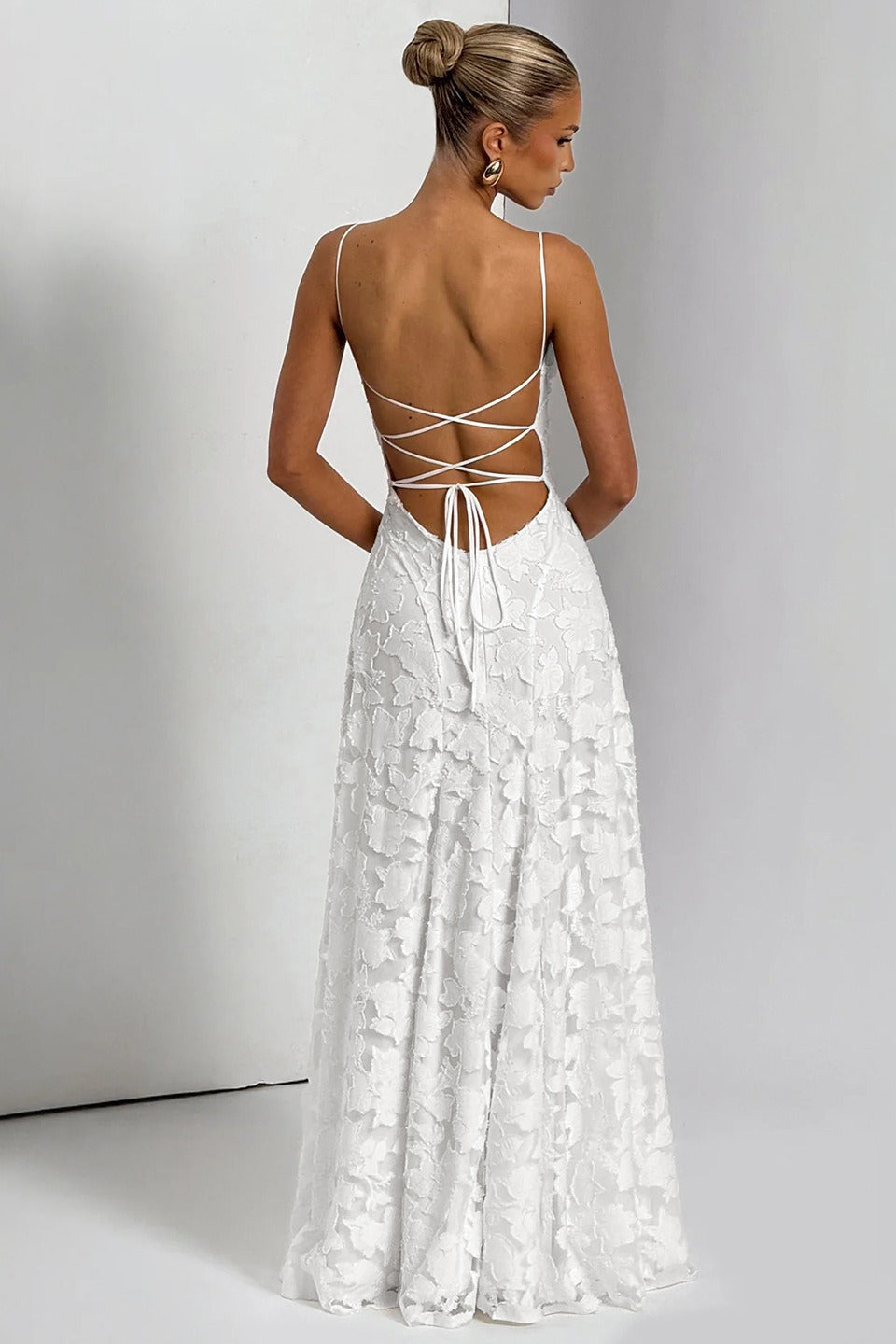 Floral Lace Spaghetti Strap Open Back Tiered Maxi Dress