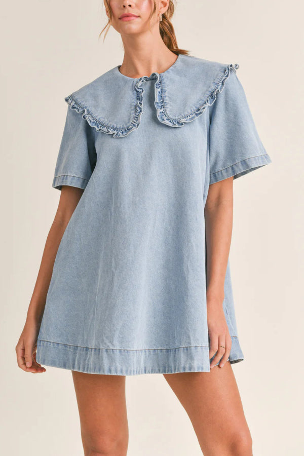 Solid Color Loose Short-sleeved Casual Ruffled Denim Mini Dress
