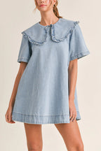 Solid Color Loose Short-sleeved Casual Ruffled Denim Mini Dress