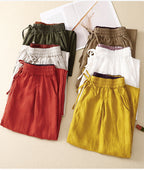 Cotton linen tie casual cropped pants