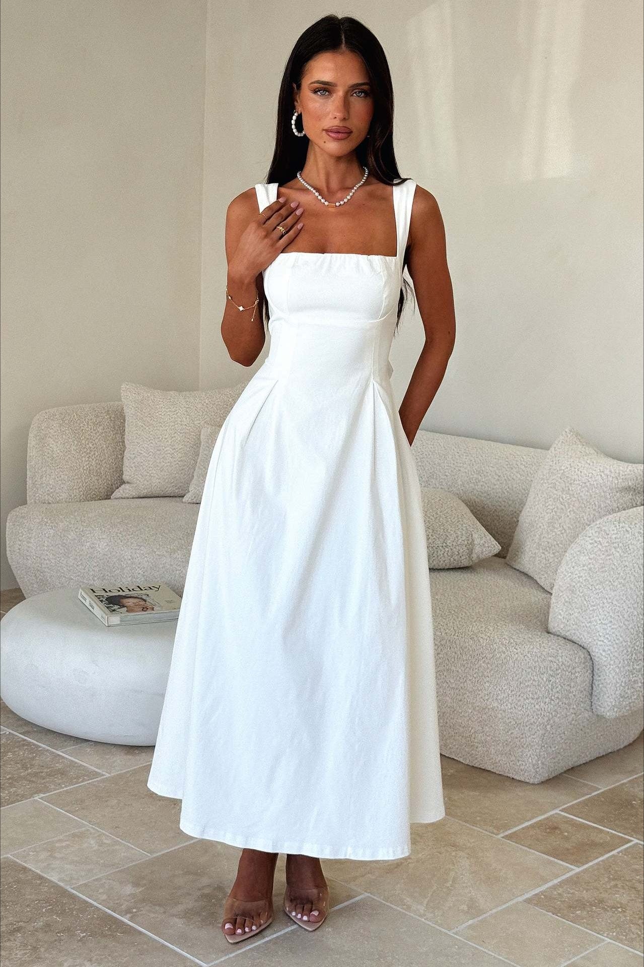 Square Neck Gathered Bust Wide Strap Pleated Pocket Midi Dress