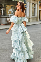 Blue Off Shoulder Ruffle Corset Bodice Tiered Ruffle Floral Print Maxi Dress