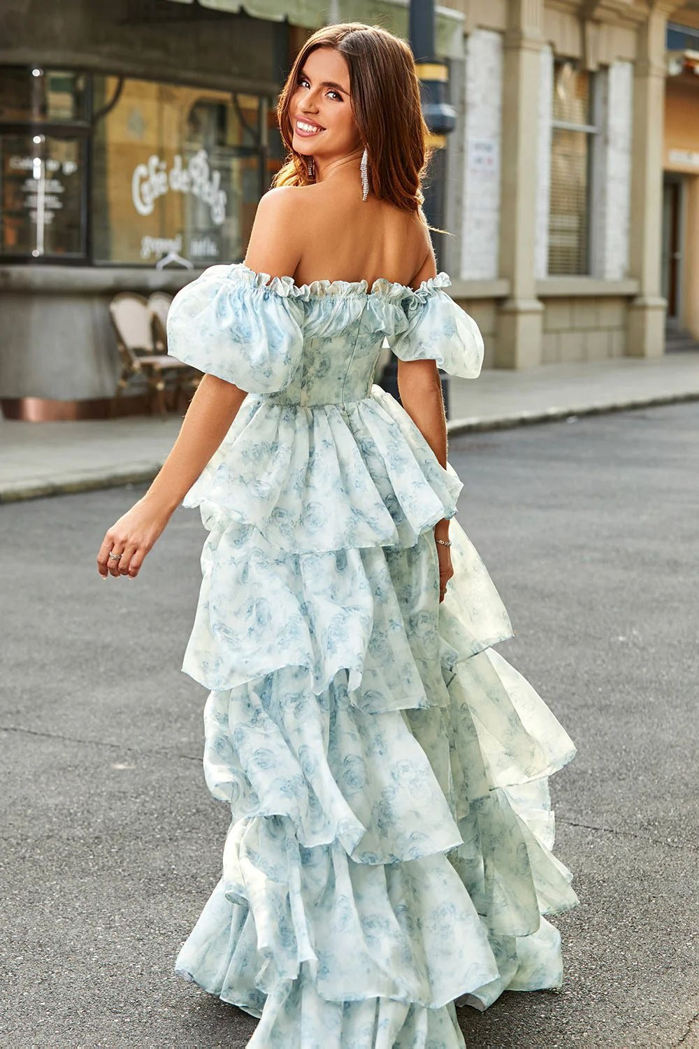Blue Off Shoulder Ruffle Corset Bodice Tiered Ruffle Floral Print Maxi Dress
