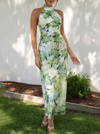Floral Print Halter Neck Tie Back Satin Maxi Dress