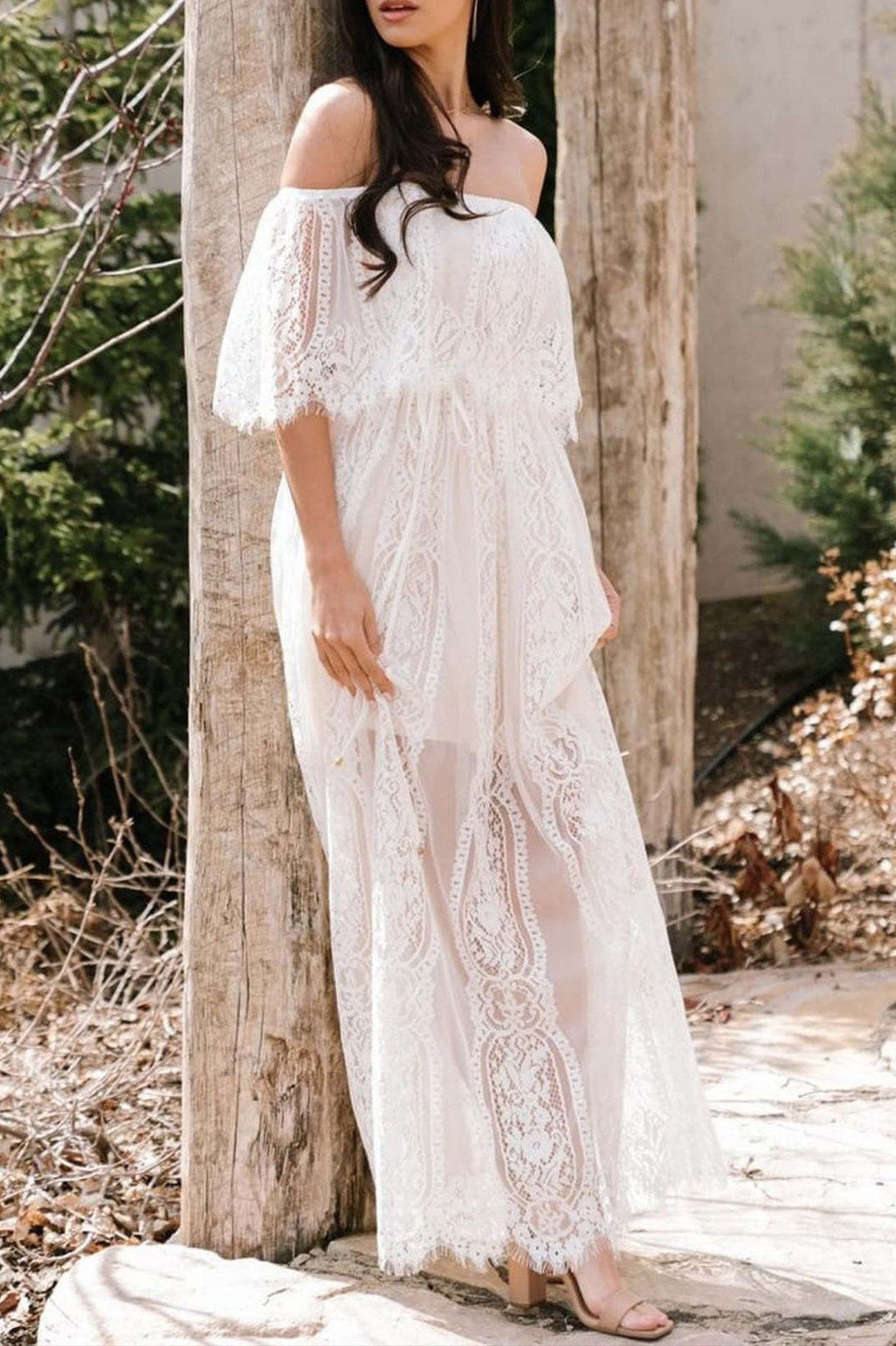 White Off Shoulder Ruffle Overlay Lace Panel Sheer Hem Maxi Dress