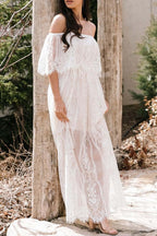 White Off Shoulder Ruffle Overlay Lace Panel Sheer Hem Maxi Dress