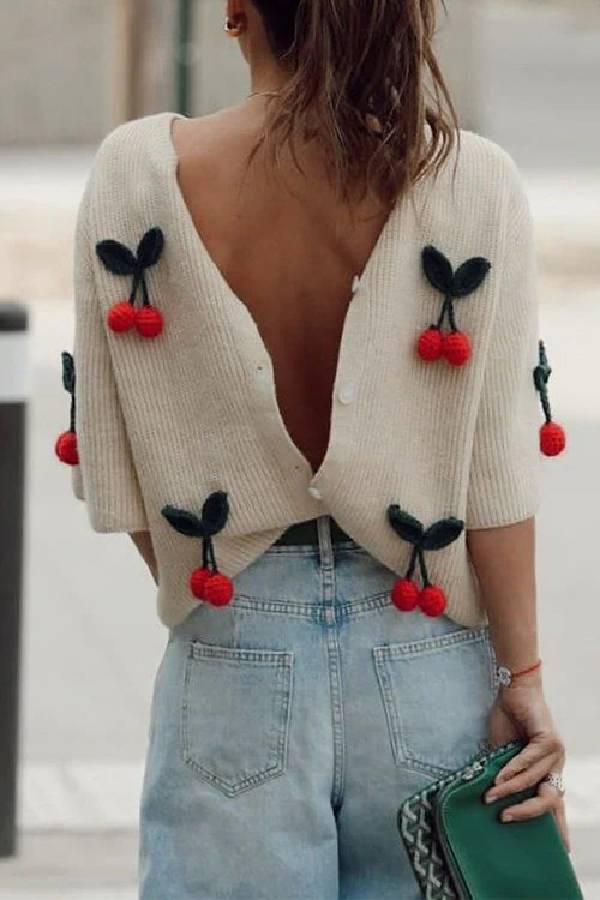 | Short-sleeved button-down decorative cherry knit sweater