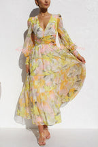 Abstract Floral Print V-Neck Bishop Sleeve Wrap Waist Tiered Maxi Dress
