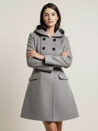 Hooded A-Line Midi Coat With Double-Breasted Design And Belt For Women 2026