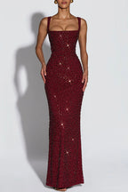 Calanthe Sequin Embellished Chiffon Ruched Square Neck Back Lace-up Maxi Dress