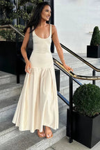 Scoop Neck Drop Waist Box Pleat Structured A-Line Maxi Dress