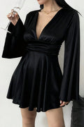 Solid Color V-neck Flared Long Sleeves Slim-fit Elegant Mini Dress