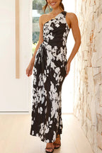 Floral Pleated One-Shoulder Twist Waist Side Cutout Maxi Dress