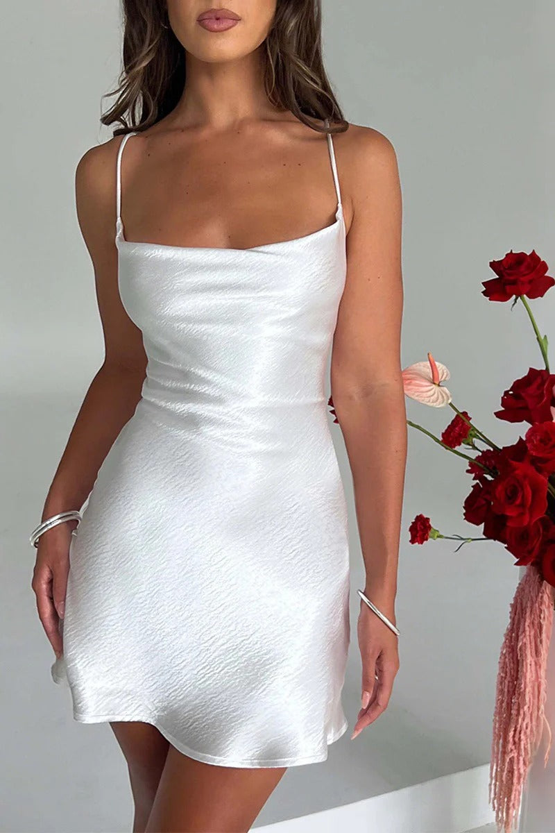 Hammered Satin Cowl Neck Spaghetti Strap Mini Slip Dress