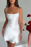 Hammered Satin Cowl Neck Spaghetti Strap Mini Slip Dress