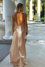 Satin Spaghetti Strap Open Back Maxi Slip Dress