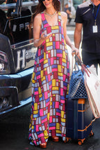 Stylish Color-blocked Plaid Print Sleeveless Round Neck Loose Maxi Dress
