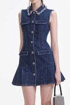 Rhinestone Collar Button Front Pleated Denim Mini Dress