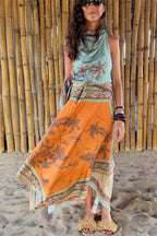 Alberta Satin Unique Color-blocked Print Tie Detail Layered Scarf Midi Dress