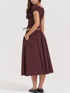 Solid Drawstring Puff Sleeve Cropped Tee & Midi Skirt Set