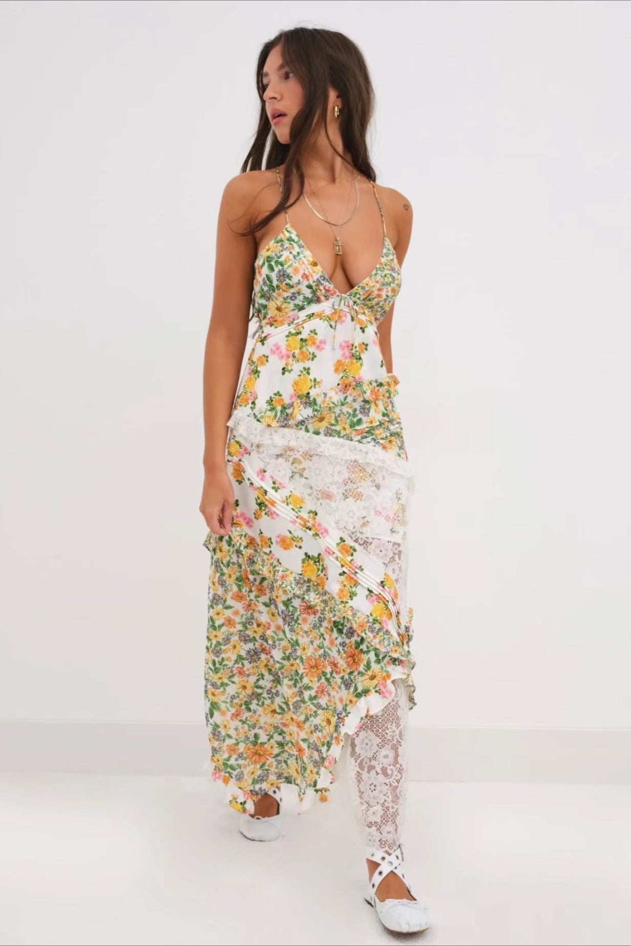 Deep V Neck Tie Front Patchwork Floral Lace Tiered Maxi Dress