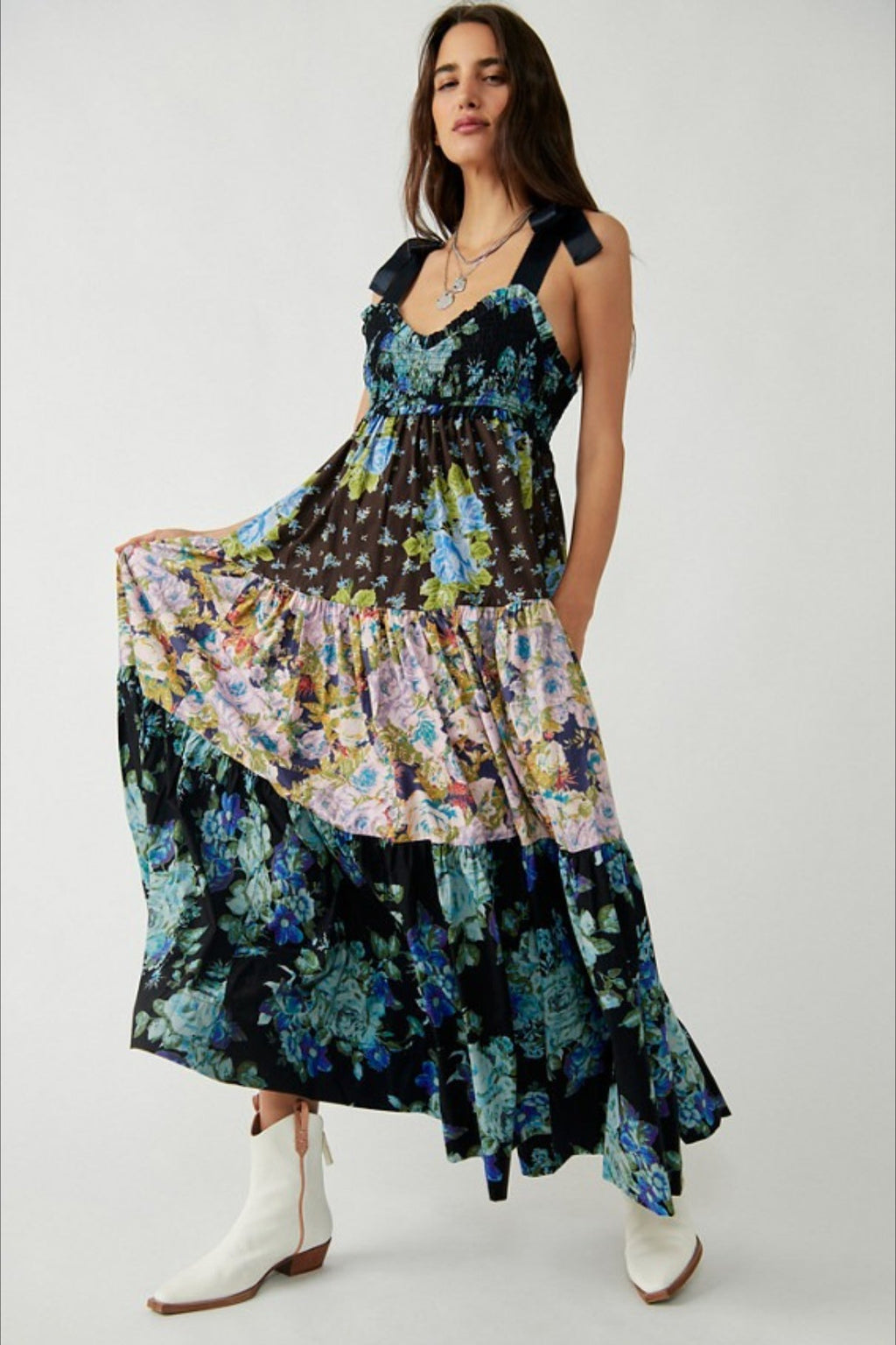 Smocked V Neck Bow Shoulder Strap Mixed Floral Tiered Maxi Dress