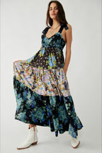 Smocked V Neck Bow Shoulder Strap Mixed Floral Tiered Maxi Dress