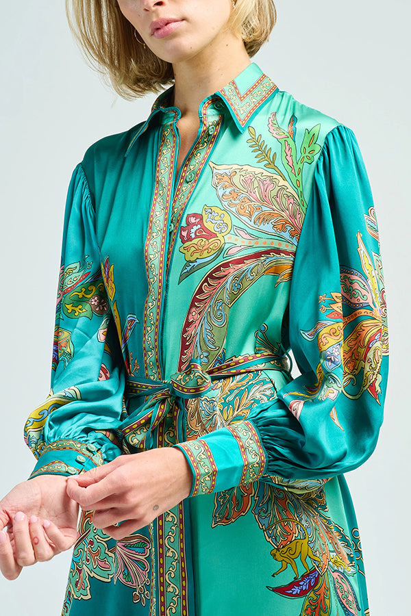 Paisley Print Lantern Sleeve Lace Up Belted Ruffle Hem Midi Shirt Dress