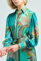 Paisley Print Lantern Sleeve Lace Up Belted Ruffle Hem Midi Shirt Dress