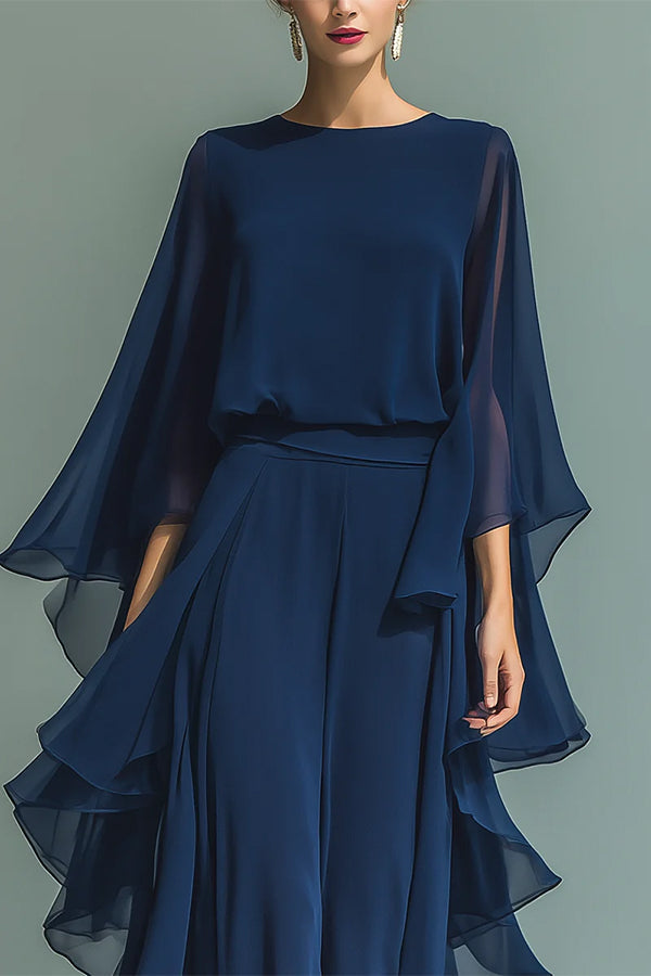 Chic Midnight Blue Ruffled Overlay Wide-Leg Pantsuit