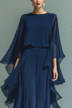 Chic Midnight Blue Ruffled Overlay Wide-Leg Pantsuit