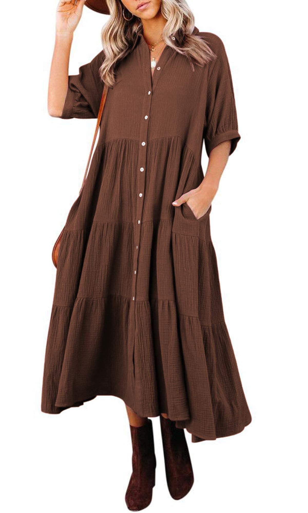Gauze Button Front Collar Half Sleeve Tiered Pocket Midi Dress