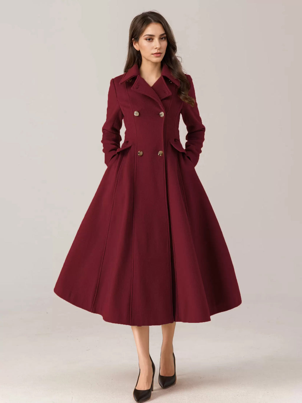 Flared Wool Blend Coat For Woman Red Turndown Collar Double-breasted Elegant 2026 Winter Outerwear