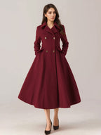 Flared Wool Blend Coat For Woman Red Turndown Collar Double-breasted Elegant 2026 Winter Outerwear