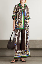 Antibes Satin Court Unique Printed Long Sleeve Loose Shirt and Elastic Waist Pants Set