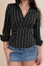 Woven Striped Collared Tie Waist Long Sleeve Blouse
