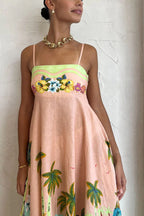 Coconut Scenery Linen Blend Tropical Print Smocked Back Midi Dress