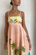 Tropical Palm Print Scallop Trim Spaghetti Strap Maxi Dress