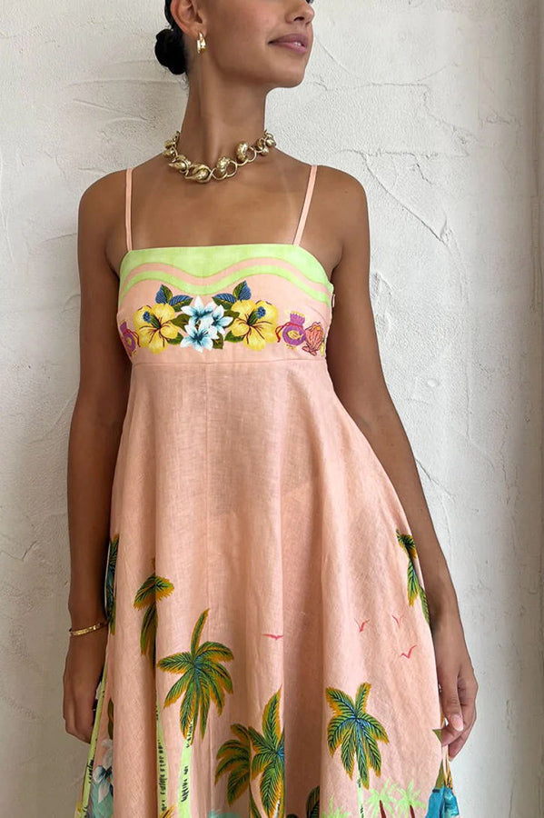 Tropical Palm Print Scallop Trim Spaghetti Strap Maxi Dress