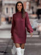 Knitted Dress Long Sleeves High Collar Elegant Mini Dress