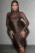 Mock Neck Sheer Mesh Overlay Long Sleeve Bodycon Mini Dress