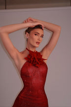 3D Flower Halter Fitted Waist Rhinestone Party Dress