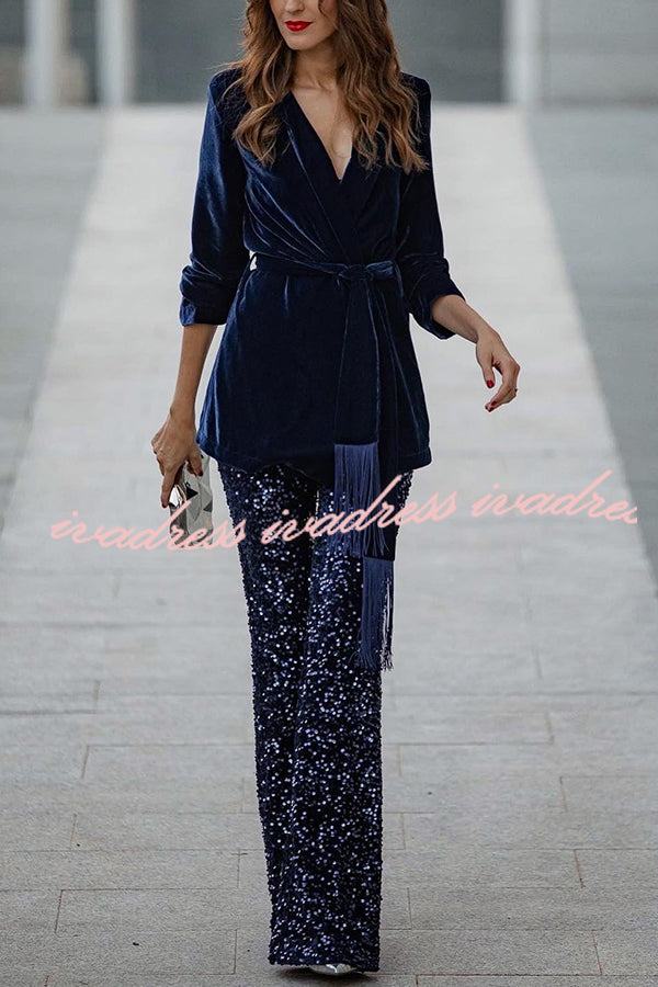 Diva Sequin High Rise Elastic Waist Flare Pants