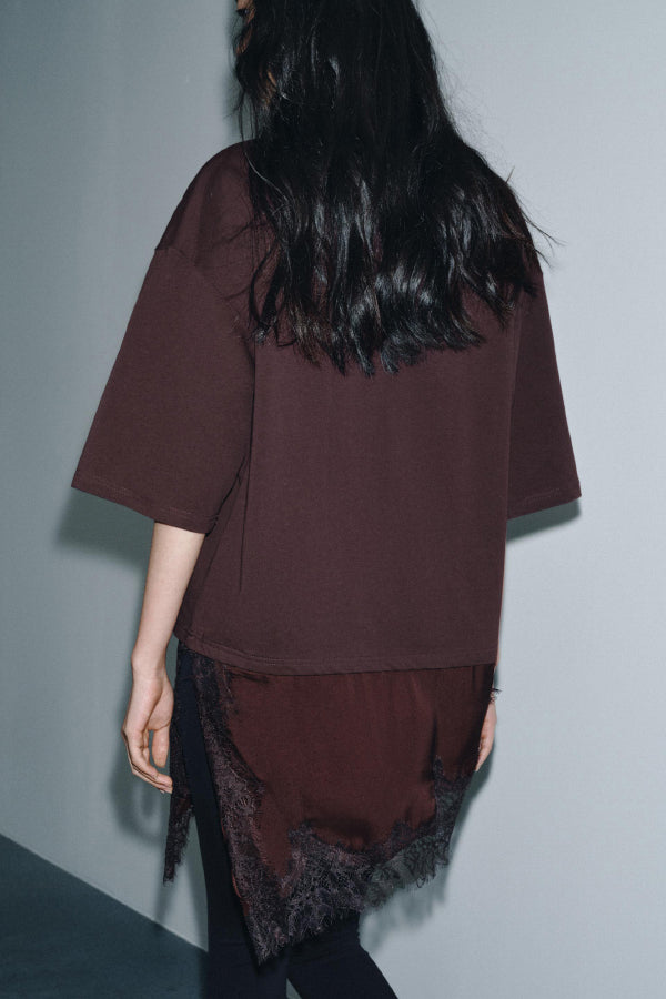 Stylish Round Neck Short-sleeved Patchwork Lace Hem Loose T-shirt