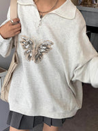Butterfly Print Lapel Neck Half Zip Sweatshirt