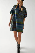 Denim Collar Striped Patchwork Polo Rugby Mini Dress