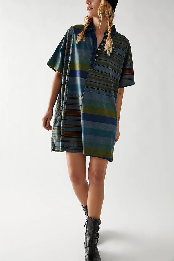 Denim Collar Striped Patchwork Polo Rugby Mini Dress