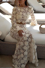 Stylish Long-sleeved Backless Lace Top and Elegant Openwork Maxi Fishtail Skirt Set