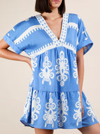 Printed V-Neck Short Sleeve Mini Dress